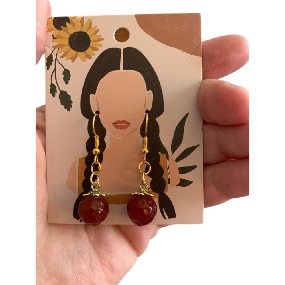 Strawberry Charm‎ Dangle Earrings Gold Tone Red Fruit Handmade Jewelry